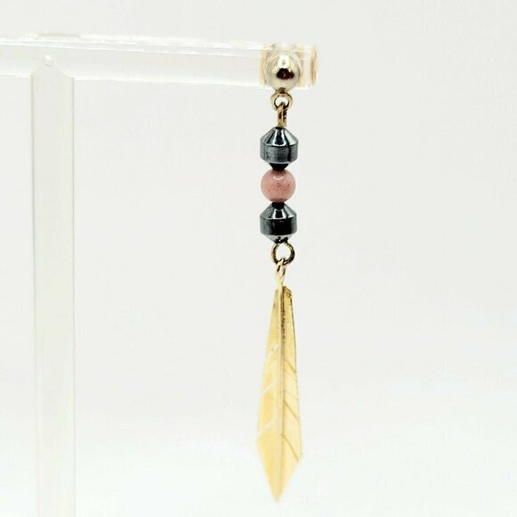 Artisan Native American Style Earrings Gold Tone Hematite Golden Feather 2..25" - Picture 3 of 6